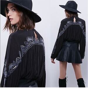 Free People Sweet Fantasy  Black Beaded High Low Tunic Blouse small